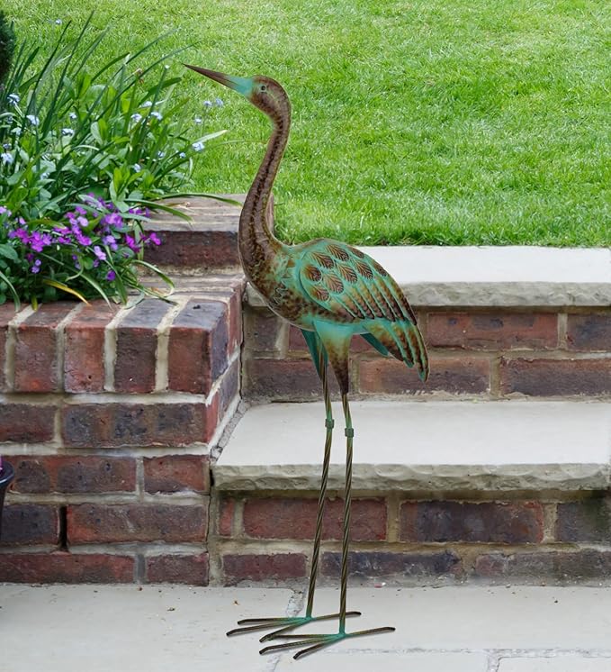 Regal Art & Gift Green Patina Crane Metal Statue – Indoor Outdoor Decorative Sculpture for Home & Garden Décor, Weather-Resistant Yard Art Figure for Patio, Lawn - Upward Gaze