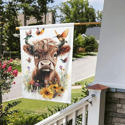 Floral Highland Cow Garden Flags 12×18 Inch Mushrooms Hummingbirds Butterfly Double Sided Decorative Yard Banner Seasonal Flag for Outdoor Outside Decor