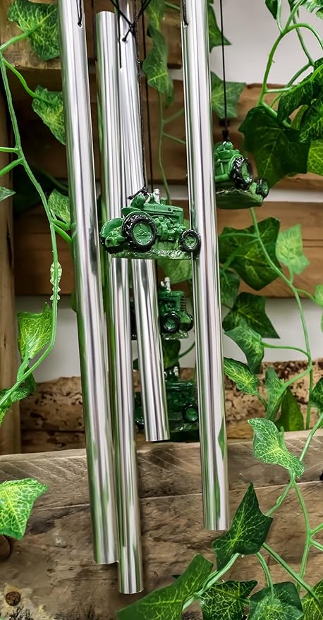 Ebros Gift Old Fashioned Vintage Country Agricultural Farm Green Tractor Model Resonant Relaxing Wind Chime Patio Garden Accent of Rustic Countryside Farming Cottage Theme