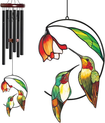 Personalized Metal Wind Chime Garden Sign, 40 Inch Outdoor Colorful Bird & Flower Memorial Decor, Yard Hanging Plaque for Patio Porch Lawn (JSTY364)