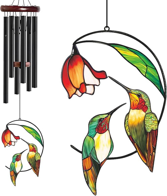 Personalized Metal Wind Chime Garden Sign, 40 Inch Outdoor Colorful Bird & Flower Memorial Decor, Yard Hanging Plaque for Patio Porch Lawn (JSTY364)