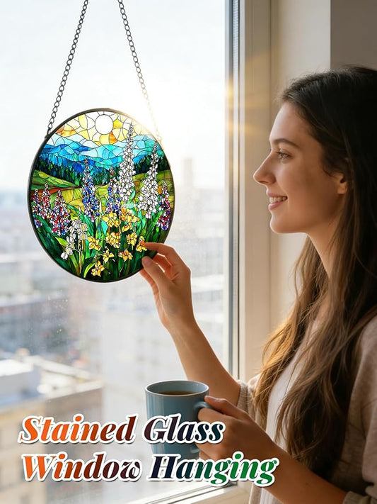 Stained Glass Window Hanging, Wildflowers Plant Scenery Suncatcher for Door Home Decor,Valley Sunrise Sun Catcher Ornament Mother's Day Birthday Gifts for Women Men Mom 6.3 in