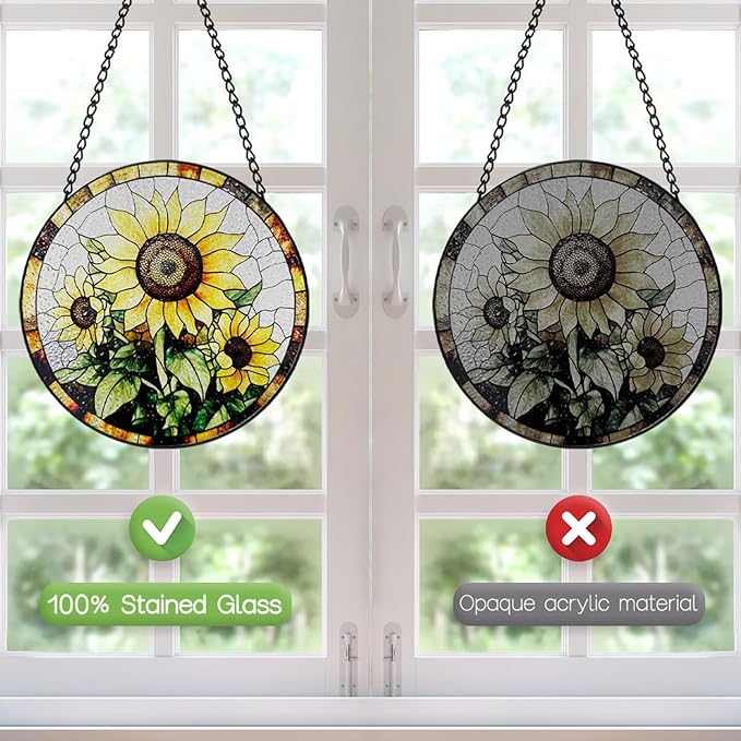 Stained Glass Window Hanging, 8 Inch Sunflower Suncatcher, Sun Catchers Indoor Window, Suncatchers for Windows Hanging, Spring Home Garden Decor Panel Mothers Day Birthday Gifts for Mom Grandma Friend