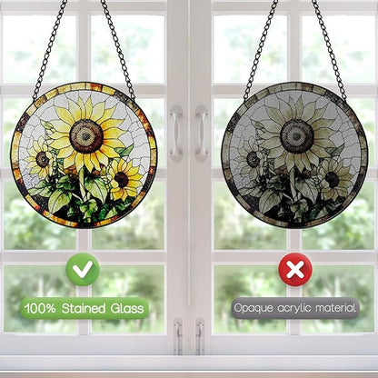 Stained Glass Window Hanging, 8 Inch Sunflower Suncatcher, Sun Catchers Indoor Window, Suncatchers for Windows Hanging, Spring Home Garden Decor Panel Mothers Day Birthday Gifts for Mom Grandma Friend