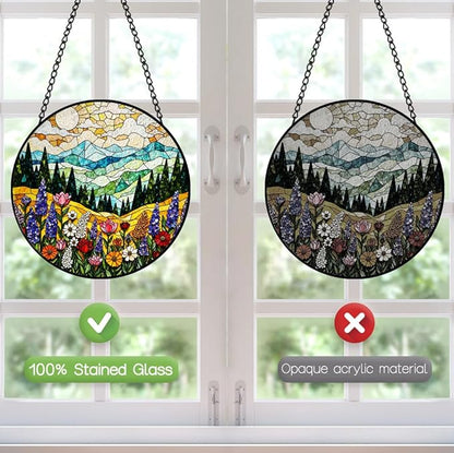 Mountain Wildflower Suncatcher Stained Glass Window Hanging - 8 Inch Plant Flower Suncatchers for Windows Hanging - Sun Catchers Indoor Outdoor Garden Decorations Glass Panel Gift for Women Mom Lovers