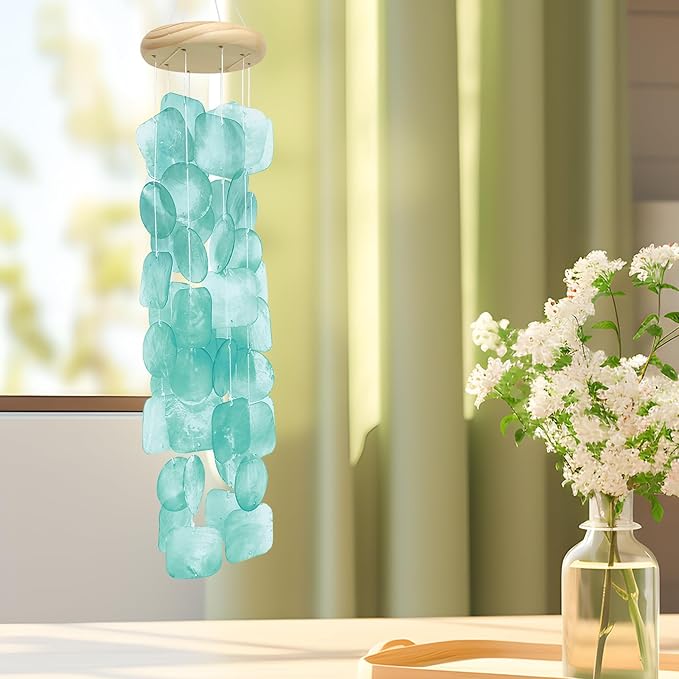 Wind Chimes for Outside 26", Clear Tones Lake Blue Sea Shell Wind Chimes Outdoor, Handcrafted Capiz Sea Glass Shells Windchimes Memorial Wind Chime for Patio, Garden, Porch Decor, Beach Gifts