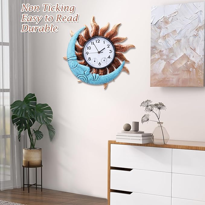 MUMTOP 14 Inch Sun and Moon Outdoor Clock, Outside Waterproof Wall Clock with Thermometer for Patio Pool Living Room Home Decor