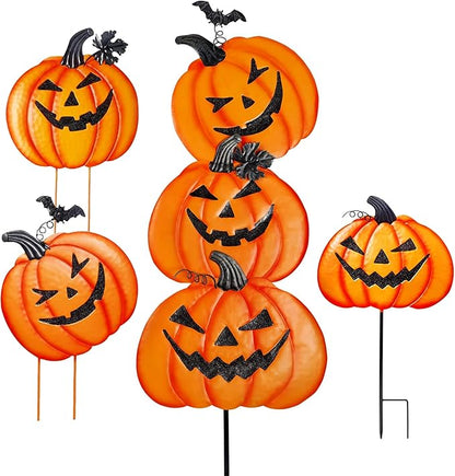 Halloween Metal Pumpkin Yard Stakes, Stackable Pumpkin Signs Garden Stake with Witch Door Hanging, Outdoor Halloween Decorations for Lawn Party (Set of 3, Style B)