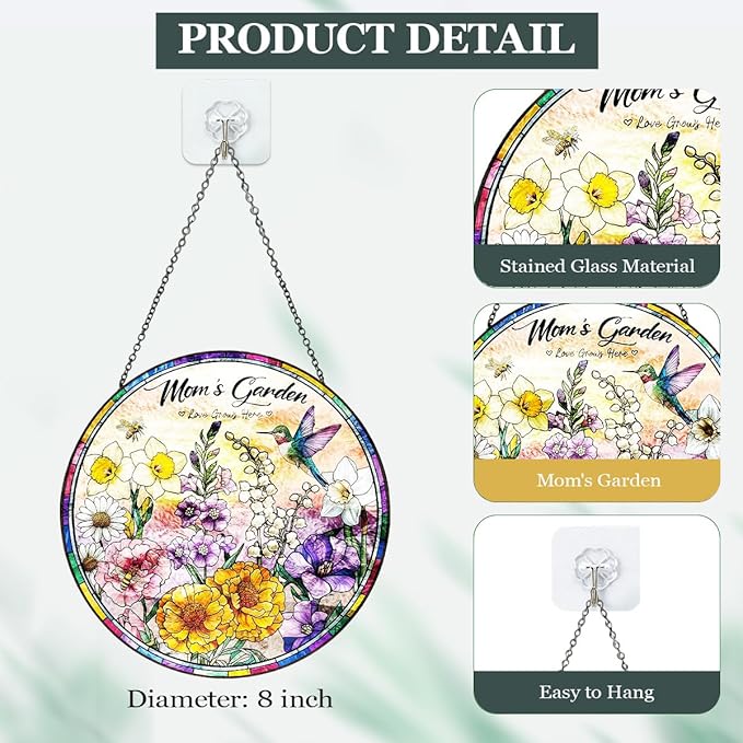 Birthday Gifts for Mom - 8 inch Mom’s Garden Inspired Stained Glass Suncatcher, Floral Window Hanging Ornament, Mothers Day Decorations Gift for Mom Grandma, Mom Birthday Gifts
