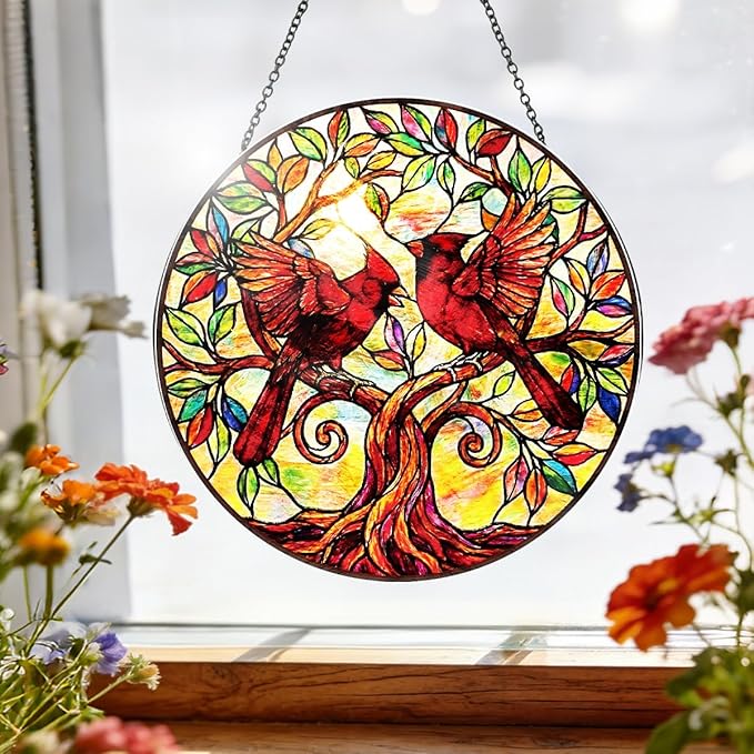Cardinal Bird Stained Glass Window Hanging – Round Tree Branch Suncatcher with Chain, Colorful Glass Ornament for Living Room Home Garden Decor Gift, 8 Inch