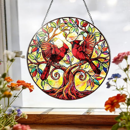 Cardinal Bird Stained Glass Window Hanging – Round Tree Branch Suncatcher with Chain, Colorful Glass Ornament for Living Room Home Garden Decor Gift, 8 Inch