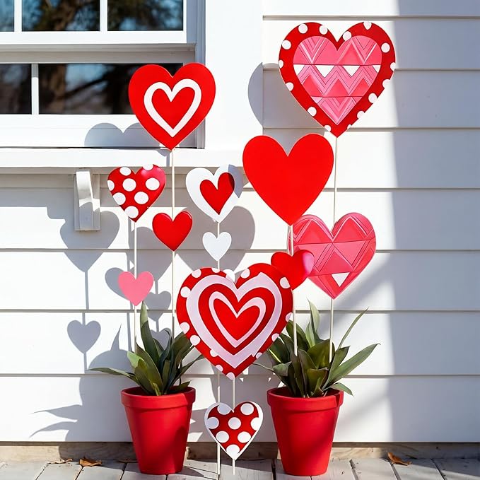 Amyhill 13 Pcs 21.5 Inch Valentine's Day Heart Shape Planter Stakes, Garden Stakes Decor with 8 Pcs Rods, Red Pink White Heart Signs for Patio, Lawn, Yard, Planter Pots, Pathway, Wedding Decor