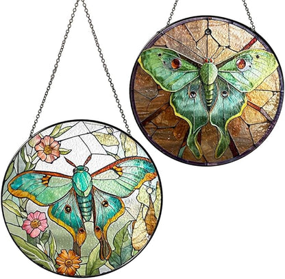 2 Stained Glass 6" Luna Moth Suncatchers Art Glass Monarchs, Luna Moth and Flower Suncatcher Monarchs for Sun Catcher Indoor Window, Gift for Nature Floral Lover Women, Painted Panel Décor