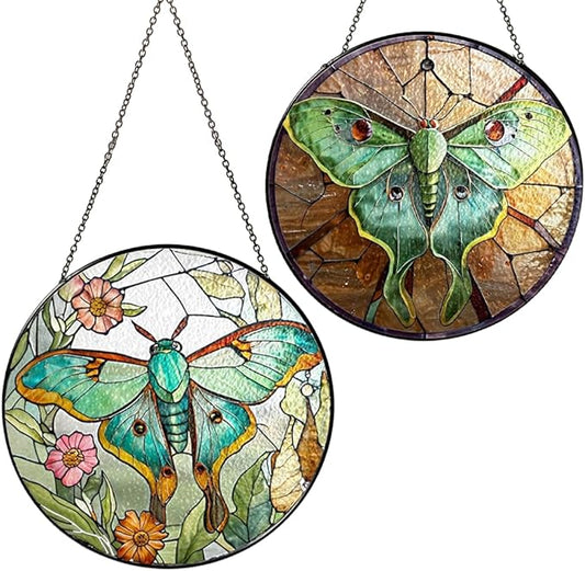 2 Stained Glass 6" Luna Moth Suncatchers Art Glass Monarchs, Luna Moth and Flower Suncatcher Monarchs for Sun Catcher Indoor Window, Gift for Nature Floral Lover Women, Painted Panel Décor