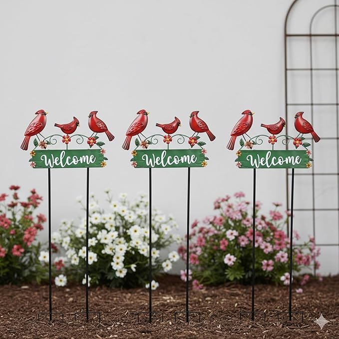42.5inch Cardinal Garden Stake with Welcome Yard Sign and Metal Flowers for Outdoor Garden Decor, Cardinal Yard Decor for Outdoor Lawn Ornaments