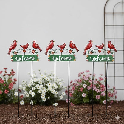 42.5inch Cardinal Garden Stake with Welcome Yard Sign and Metal Flowers for Outdoor Garden Decor, Cardinal Yard Decor for Outdoor Lawn Ornaments