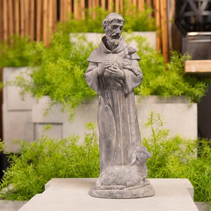 Newman House Studio Vintage St Francis Garden Statue - 15.2 Inch Resin Patron of Animal Figurine Saint Francis Sculpture with Sheep for Garden Decor