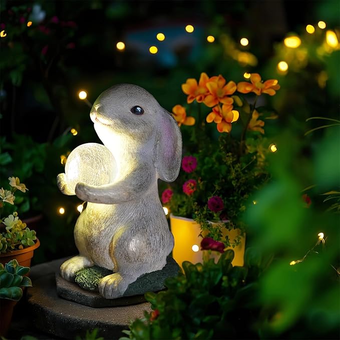 Solar Rabbit Garden Statue Outdoor Decor, Bunny Figurines with Solar Lights, Yard Decorations for Patio Balcony Yard Lawn Ornament - Unique Birthday Easter Housewarming Gifts for Women, Mom, Grandma