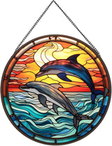 Jumping Dolphin Pattern Suncatcher Stained Glass,Hanging Stained Glass for Windows,20cm/7.87inch Sun Catcher Garden Hangings Ornaments Halloween Fall Christmas Decor for Home