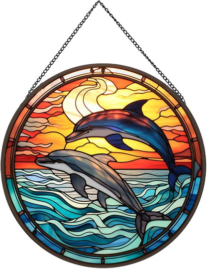 Jumping Dolphin Pattern Suncatcher Stained Glass,Hanging Stained Glass for Windows,20cm/7.87inch Sun Catcher Garden Hangings Ornaments Halloween Fall Christmas Decor for Home