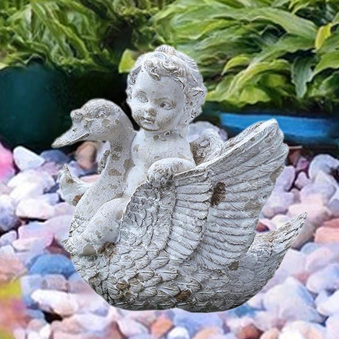 Angel Riding A Swan Garden Statue Decorative Figurine Resin Outdoor Statue Yard Art Decor for Porch Backyard Pond Decoration
