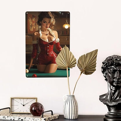 Cafemira Vintage tin sign,sexy woman &pool table,Metal sign Art Decor wall,for studio,office,cafe,bar,living room,Yard,Patio,pool hall decorative plaque poster,easy to hang.8x12 Inch