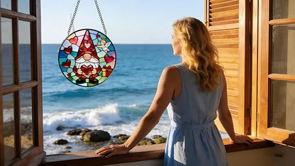 Funoasis Valentine's Day Gnome Stained Glass 6.3 Inches Suncatcher - Cupid & Red Heart Ornament Window Hanging Decor for Sweetheart Present