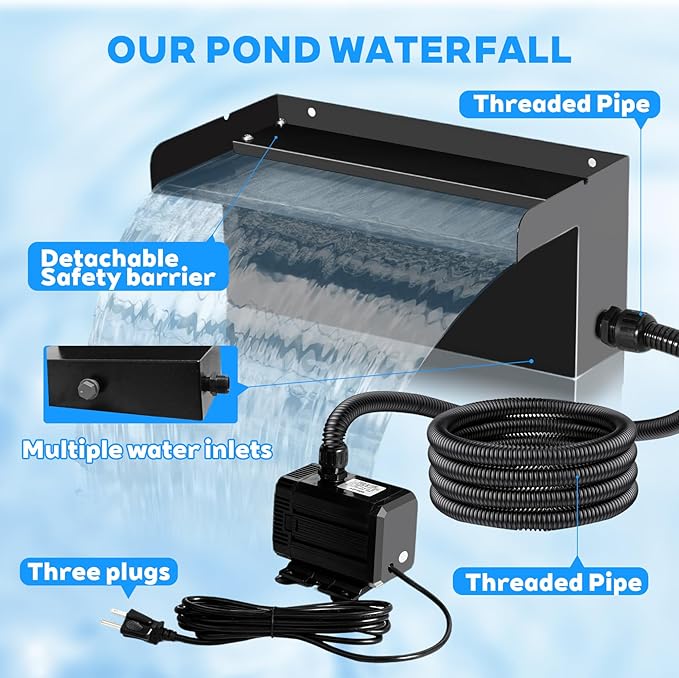 Upgraded Outdoor Pond Waterfall Kit with 50W Pump - 825 GPH Water Flow, 12.2 Inch Adjustable Waterfall Spillway & Extra Long Hose for Garden Ponds, Backyard Water Features (foundation)