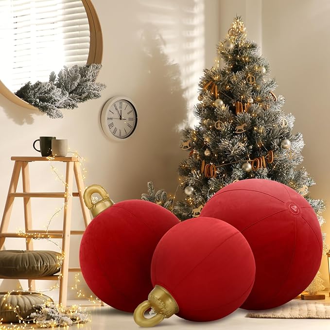 Jenaai 3 Pcs Giant Velvet Christmas Inflatable Ball Ornament Large PVC Christmas Inflatable Balls 3 Size 24" 20" 18" Xmas Hanging Ornaments Outdoor Decor for Lawn Porch Yard(Red)