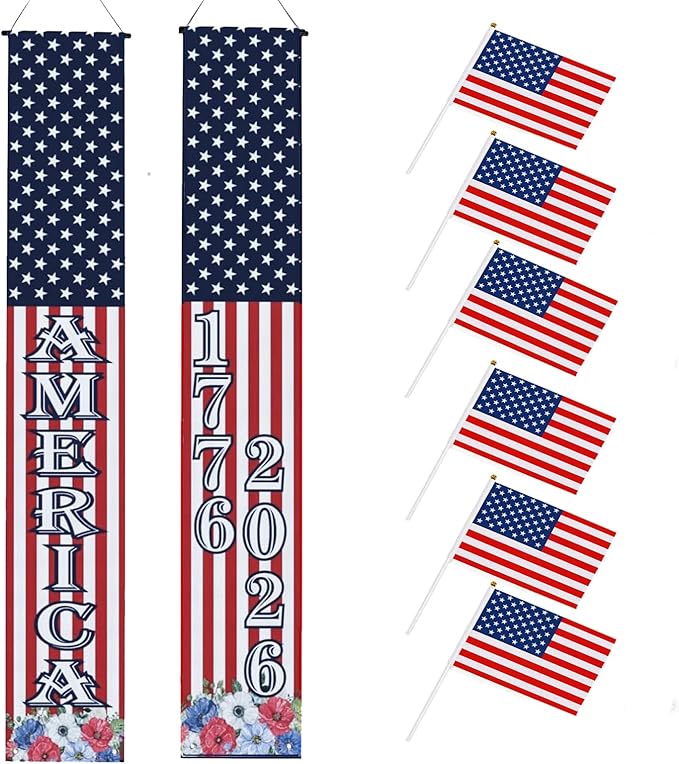 4th of July Decorations Outdoor - 2 Pack 250th Anniversary Patriotic Porch Banners with 6 USA Hand Flags, 1776-2026 Semiquincentennial Hanging Sign Set for Independence Day Party, Balcony Fence Garden Wall Decor