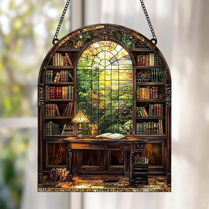 Window Bookshelf Acrylic Suncatcher, Bookish Suncatchers for Window Hanging Ornament, Art Garden Decor for Book Lover Reader Bookworm, Gifts for Mother's Day, Mom, Grandma, Wife, Women, Nana