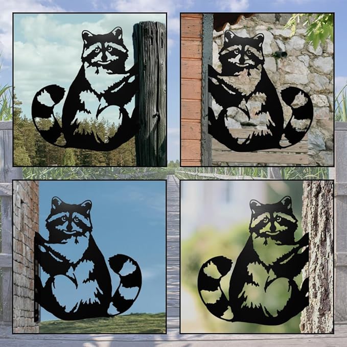 WADORN Metal Raccoon Garden Fence Decor, Raccoon Silhouette Decorative Farmhouse Statue Backard Wall Decor Cute Animal Yard Art Garden Stake for Garden Yard Patio Park Home Outdoor Decorations