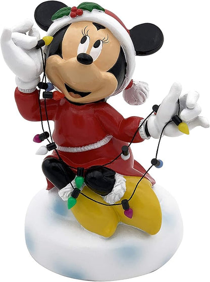 Disney Minnie Mouse Garden Statue Wrapped in Faux Christmas String Lights, 6 Inches Tall, Officially Licensed Disney Product