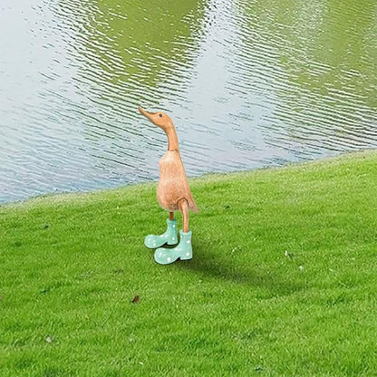 Wooden Crafted Duck Figurine with Spotty Wellies Funny Standing Duck Statues Decorative Resin Rain Boot Animal Sculpture Collectible Crafts Waterproof Garden Lawn Ornament (Green, 5.9Inch)