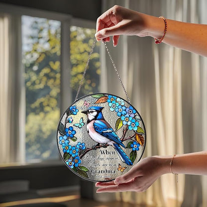 Personalized Blue Jay Bird Stained Glass Suncatcher, In Loving Memorial Name Bird Memorial Suncatcher Window Hanging Mothers Day Blue Jay Appear Angels are Near, Sympathy Gifts for Mom, Grandma, Women