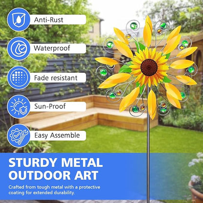 Sunflower Wind Spinner for Garden, Double Wind Sculpture Sunflower Wind Spinner for Garden Patio Yard Decor
