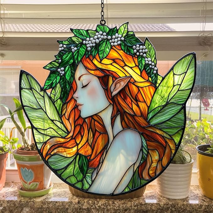 Healing Fairy Acrylic Suncatcher Stained Glass Effect Window Car Hanging Christmas Ornament Indoor Outdoor Decor Garden Sun Catcher Panel for Fairy Lover for Women Mom Grandma
