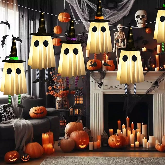 Set of 4 Halloween Hanging Ghosts, Halloween Decorations Outdoor Hanging Ghosts with Witch Hat,Glowing Ghost Witch Hat Lights, Light up Ghost Decor for Yard Patio Garden Tree Outside(4 Ghost Lighted)