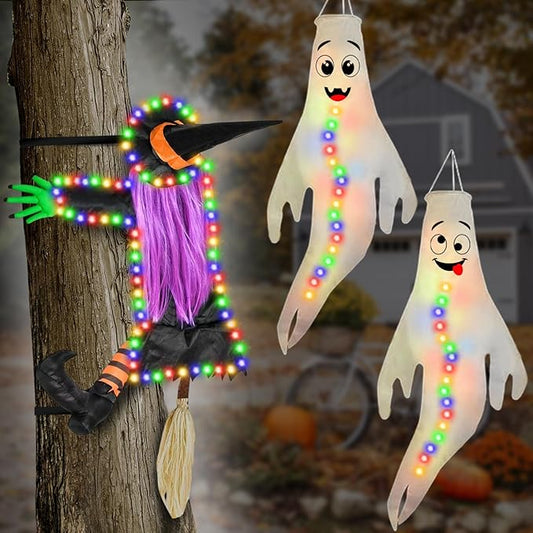 Crashing Witch into Tree Halloween Outdoor Decoration with 2 Pack 43‘’ Hanging Ghost Light Up Ghost Decorations, Halloween Decor for Yard Garden Porch