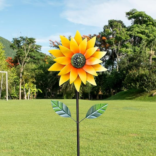Metal Sunflower Wind Spinner,45 in Double Layer Sun Flower Windmill with Green Leaves and Stake,360° Rotating Sunflower Decor Wind Pinwheel Sculpture for Garden Yard Patio Lawn Decor (Yellow)