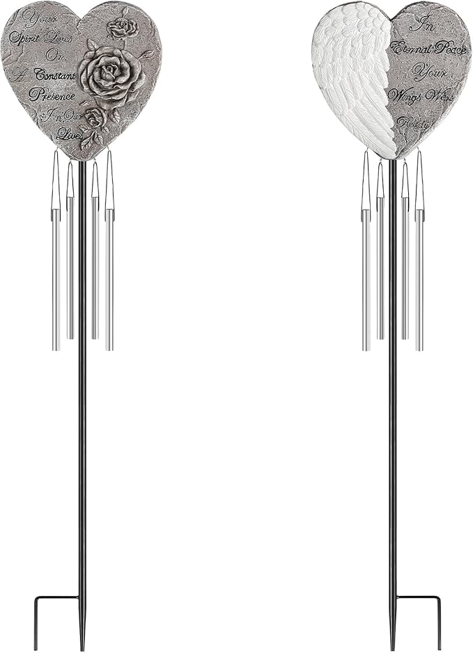 bocola Resin Heart Wind Chime with Rose & Angel Wings Engravings - Memorial Plaques for Garden Cemetery Grave Decoration-Sympathy Gifts for Loss of Loved One