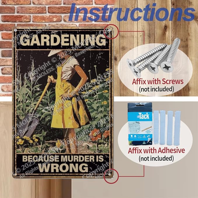 Funny Garden Sign – Gardening Because Murder Is Wrong | 12x8″ Vintage Metal Sign for Outdoor Garden Decor - Humorous Gardening Gift for Women & Plant Lovers, 2337