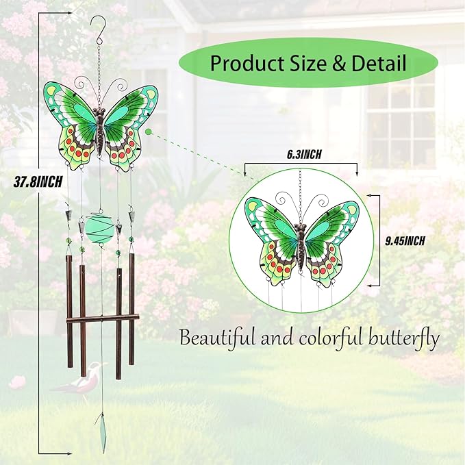 MUMTOP Butterfly Wind Chimes for Outside, Stained Glass Wind Chime Windchimes for Patio, Outdoor,Garden,Yard,Coastal,Window,Home Decor or Gifts for Women(Green)