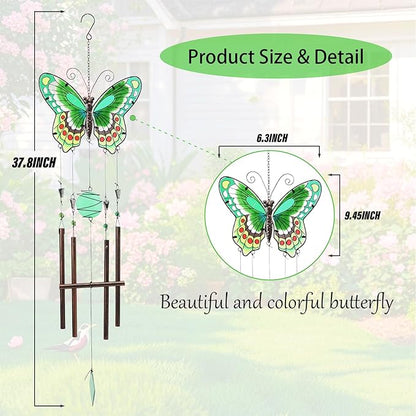 MUMTOP Butterfly Wind Chimes for Outside, Stained Glass Wind Chime Windchimes for Patio, Outdoor,Garden,Yard,Coastal,Window,Home Decor or Gifts for Women(Green)