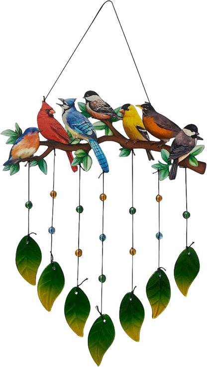 Red Cardinal Wind Chimes Outdoor - Colorful Metal & Glass Leaves Hanging Decor for Garden, Yard, Porch