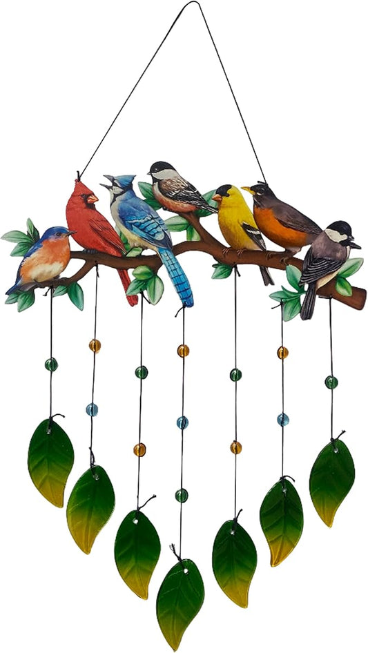Red Cardinal Wind Chimes Outdoor - Colorful Metal & Glass Leaves Hanging Decor for Garden, Yard, Porch