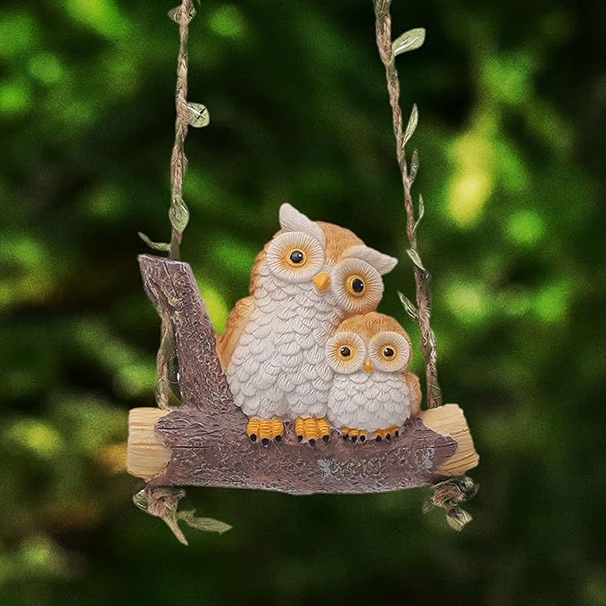 Swing Animal Garden Statue, Hanging Sculpture,Creative, Cartoon Cute Figurine Resin Ornament for Outdoor Courtyard Tree, Owl Statue
