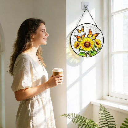 Sunflower Hanging Stained Glass for Windows, Sunflower Sun Catchers Indoor Window Glass Round Wall Decor Mother's Day, Valentine's Day Ornaments Festival Gift 7.87"