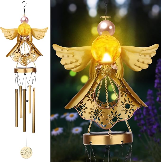 JYPS Angel Solar Wind Chimes, 40-Inch Large Waterproof Windchimes for Outside with Glowing Crackle Glass Ball, Garden Patio Yard Decor Mother's Day Birthday Unique Gifts for Women Mom Grandma Wife