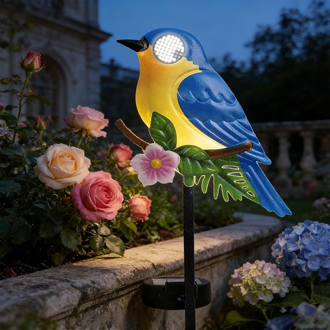 Rngmsi Garden Solar Lights Dynamic Eyes, Bird Solar Garden Lights Stake Outdoor Decorations, LED Lighting Blue Bird Decor Gifts for Patio Yard Pathway Lawn